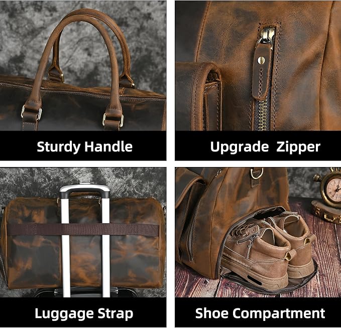 Canvas + Leather Travel Luggage Tote Duffle Gym Suitcase Weekender Overnight Bag For Men Male FB8151 (8151-Dark Brown2) - Image 5