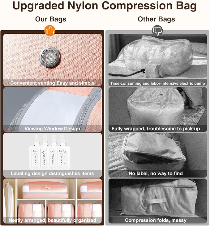 Homsorout 4 Pack Compression Storage Bags - 110L Large Capacity Comforter Storage Bag, 3-Layer Washable Ultra Space Saving Self Compression Organizer Space Bags for Blankets, Sweaters, Sheets, Pink - Image 6