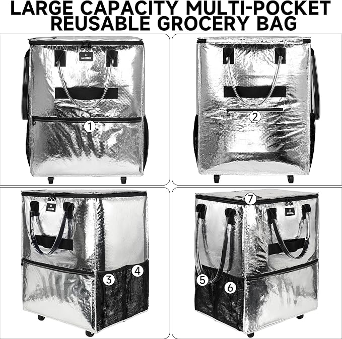 Reusable Grocery Bag On Wheels, 70L Foldable Rolling Tote, Heavy Duty Shopping Cart, 6 Pockets, Zippered Top, 3-Way Carry, Collapsible Portable Trolley for Camping Moving, Medium Silver - Image 3