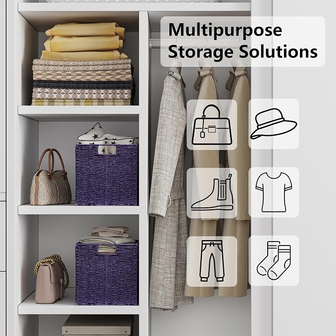Vagusicc Wicker Storage Basket, Set of 2 Hand-Woven Paper Rope Wicker Basket, Foldable Cube Storage Bins, 9 inch Square Storage Baskets for Organizing Shelves & Decor, Purple (9″×9″×9″) - Image 6