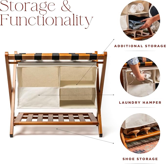 Fully Assembled Walnut Bamboo Folding Luggage Rack for Guest Room, 26.75" Folding Suitcase Stand with Removable Laundry Bag & Storage Shelf, Heavy Duty Foldable Luggage Stand for Bedrooms, Hotels, Airbnbs Holds 215lb - Image 5