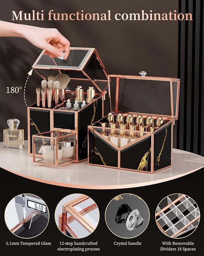 CoralHouse black makeup organizer – Vanity Holder with 18-Slot Lipstick Organizer & Covered Makeup Brush Holder – Skincare, Perfume & Cosmetic Display for Bathroom or Dresser - Image 2