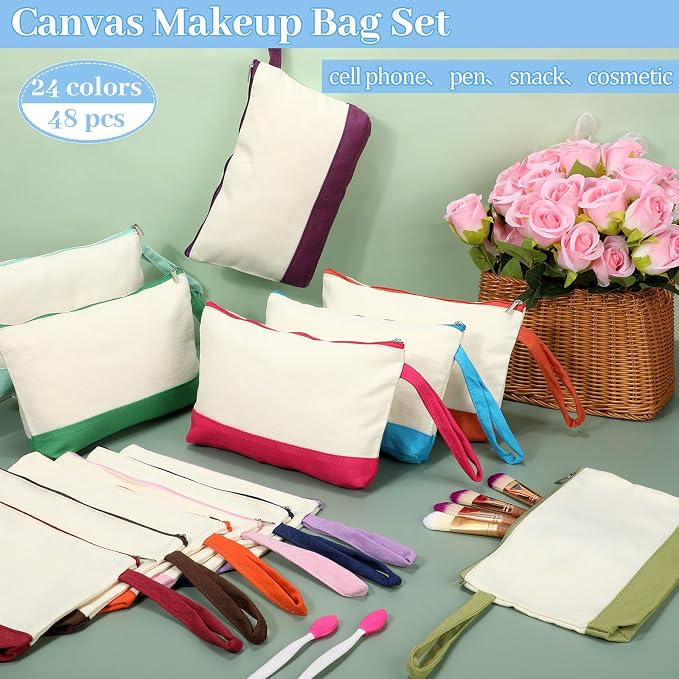 Silkfly 48 Pcs Cotton Canvas Makeup Bags Cosmetic Zipper Bags 10.2 x 5.5 x 2'' Blank DIY Pouch Bulk Pencil Case with Bottom Travel Toiletry Pouch for Women Craft Decor Gift (24 Colors) - Image 4