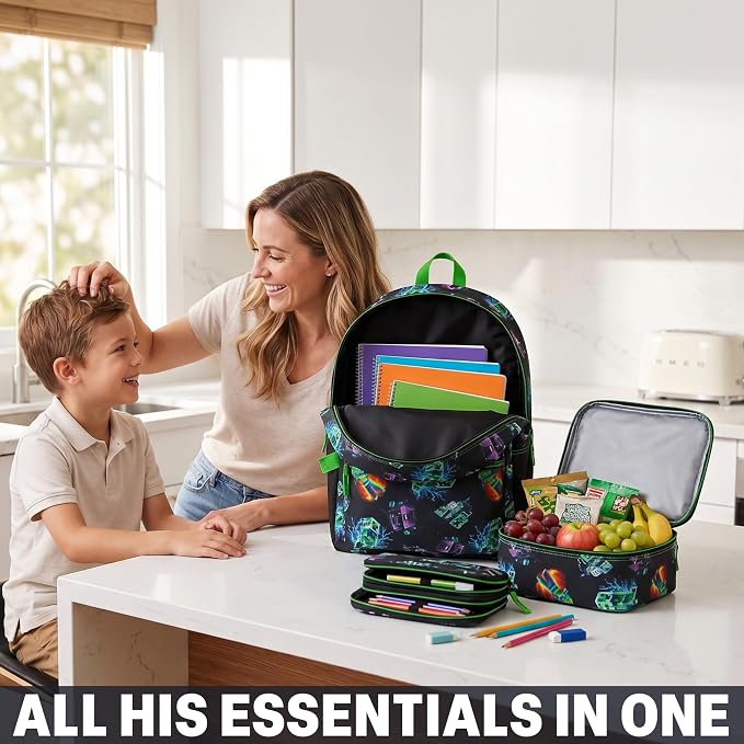 Get Trend Minecraft Kids Backpack Set for Boys with Insulated Lunch Bag & Pencil Case, 3 Pc Book Bag with Padded Straps for School, Travel, Creeper Gamer Gifts for Boys (Multi Creeper) - Image 6