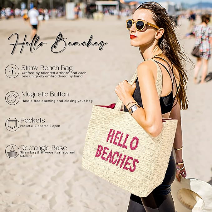 Hello Beaches A Packable Beach Bag | The Straw Beach Tote Bag of 2025 | Beach Bags for Women Vacation | Large Beach Bag - Image 7