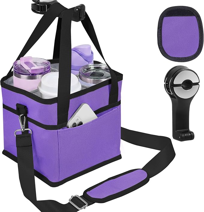4 Water Bottle Holder with Strap - Multiple Tumbler Insulated Drink Carrier Tote Bag, Reusable Drink Family Size Caddy for Car, Delivery, Adjustable Dividers - 2 in 1 Car Seat Hook Set by ANTAND