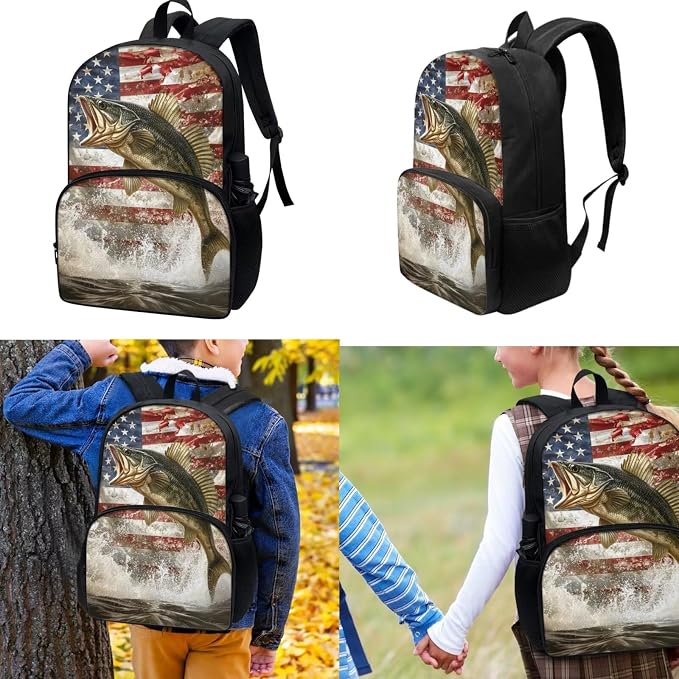3 Pack American Flag Fish Print Backpack School Bag with Lunch Box Pencil Case Set Casual School Bags Rucksack for Elementary/Primary/Middle - Image 2