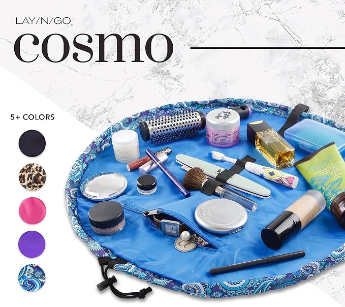 Lay-n-Go Cosmo Layflat Drawstring Cosmetic & Makeup Bag Organizer - Portable Drawstring Bag w/Zipper Pocket, Makeup Loops & More - Durable, Machine Washable Toiletry Bag for Travel (22", Blue Paisley) - Image 4