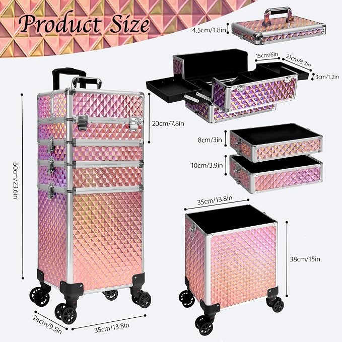 5 in 1 Rolling Makeup Train Case on Wheels Large Cosmetic Organizer Travel Cart for Women Beauty Salon Barber Hairstylist Pink - Image 6