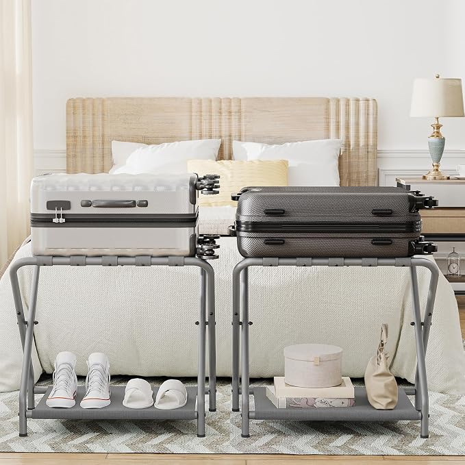 HOOBRO Luggage Rack, Pack of 2, Folding Suitcase Stand with Fabric Storage Shelf for Guest Room, Bedroom, Hotel, Holds up to 100 lb, 27 x 15.3 x 22 Inches, Space Saving, Gray GY04XLP201 - Image 2