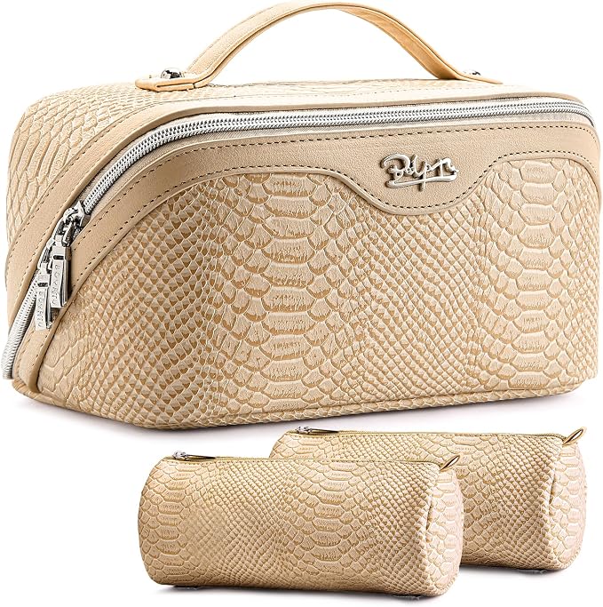 BOYATU Travel Makeup Bags for Women: 3 Pcs Set Wide Open Cosmetic Bag - Portable Make up Bags with Handle - Vegan Leather Toiletry Organizer Bag with Divider (G-04-Beige) by BOYATU