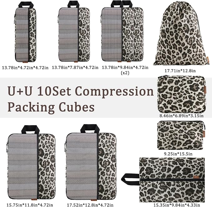 U+U 10 Set Compression Packing Cubes - Ultralight Leopard Travel Organizers with Laundry Bag, Space-Saving Suitcase Organizer, Expandable Packing Cubes for Travel and Family Vacation (Leopard) - Image 6