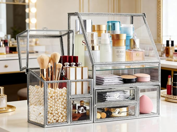 Tempered Glass Makeup Organizer with Heart Shaped Metal Frame, Large Cosmetic Storage Drawer Cabinet, Dustproof Vanity Display Case for Lipstick Makeup Brush Skincare Bathroom Bedroom - Image 6