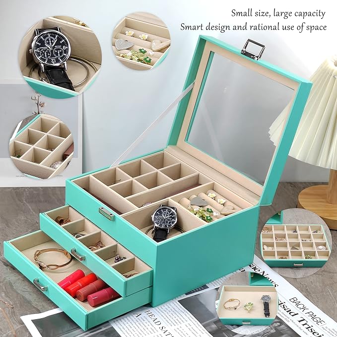BOOVO Clear Lid Jewelry Box,3 Layers Jewelry Organizer Large Jewelry Storage Box with 2 Drawers,Jewelry Holder Organzier of Rings Earrings Necklace Bracelets for Women (Turquoise, 3 Layer) - Image 4