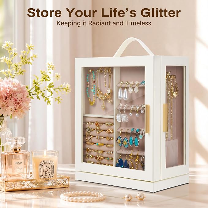 360° Rotating 5‑Drawers Jewelry Box with Top Handle & Glass Window, Spacious Vertical Jewelry Organizer, Jewelry Storage Case, Dustproof & Moisture‑resistant Design. (White) - Image 3