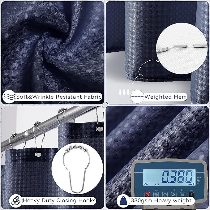 XLHOMO Bathroom Set - Navy Blue Bathroom Accessories Set, Bathroom Sets with Shower Curtain and Rugs, 25PC Shower Curtain Set with Hooks, Soap Dispenser, Soap Dish, Toilet Brush Holder and Trash Can - Image 4
