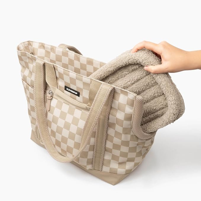 Cleverpup Transit Tote Dog Carrier 4-Piece Set - Premium Lightweight Pet Travel Bag with Plush Teddy Insert, Food Pouch, Air Mesh Opening, Water-Resistant Base & Safety Tether - Medium Checkerboard - Image 8