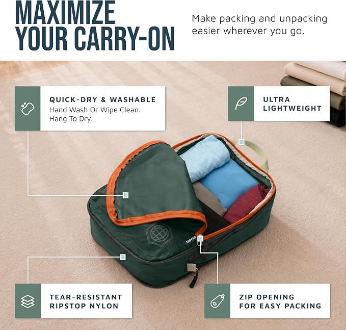 Compression Packing Cubes for Travel, 6-Piece Lightweight Packing Cubes Set for Carry-On Luggage & Backpacks – TRIPPED Travel Gear (Green and Orange) - Image 3