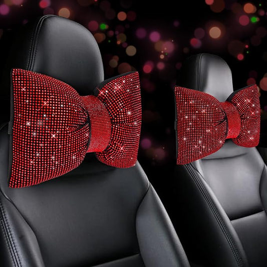 ChuLian 2 PCS Bling Car Pillows,Rhinestones Bowknot Car Headrest Pillow,Red | Car Neck Pillow for Driver Relax Neck Support,Sleeping Travel Support Neck Pillow,Diamond Interior Accessories for Women by ChuLian