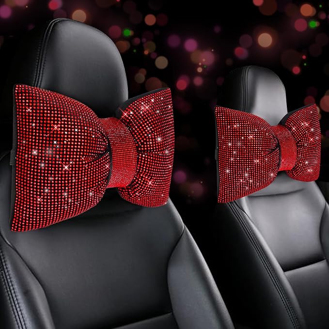 ChuLian 4 PCS Bling Car Pillows,Rhinestones Bowknot Car Headrest Pillow,Red | Car Neck Pillow for Driver Relax Neck Support,Sleeping Travel Support Neck Pillow,Diamond Interior Accessories for Women by ChuLian