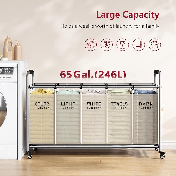 Tajsoon Laundry Sorter 5 Section, Clothes Hamper with Wheels, Beige | 246L Rolling Laundry Sorter Basket for Dirty Clothes Storage, Laundry Separator Hamper for Bathroom, Laundry Room, Family - Image 4
