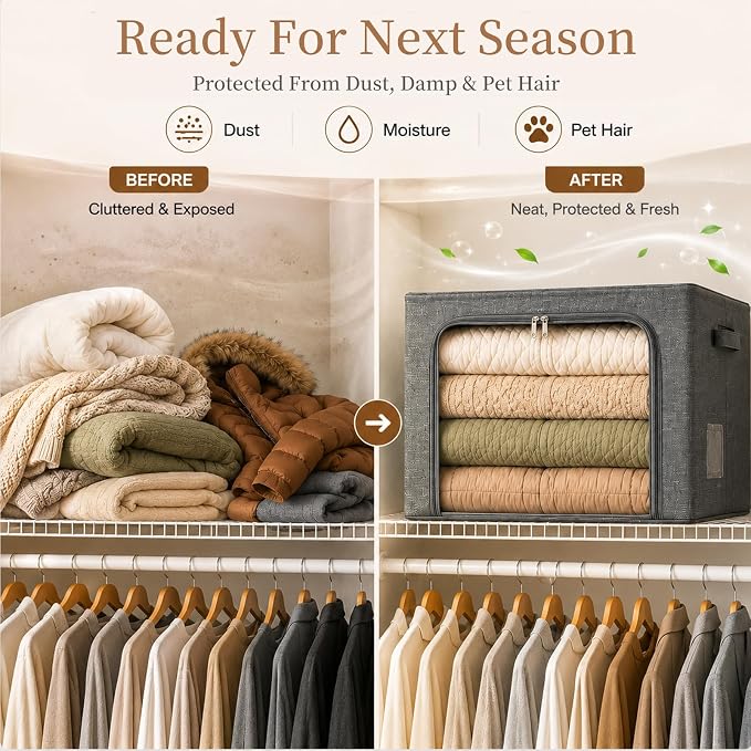 GoMaihe 3 Opening Clothes Storage Bins with Metal Frame, 40L Sweater Storage Organizer for Upper Shelf Closet Storage Boxes with Clear Window for Hoodies Jeans Towel 3-Pack Grey - Image 7