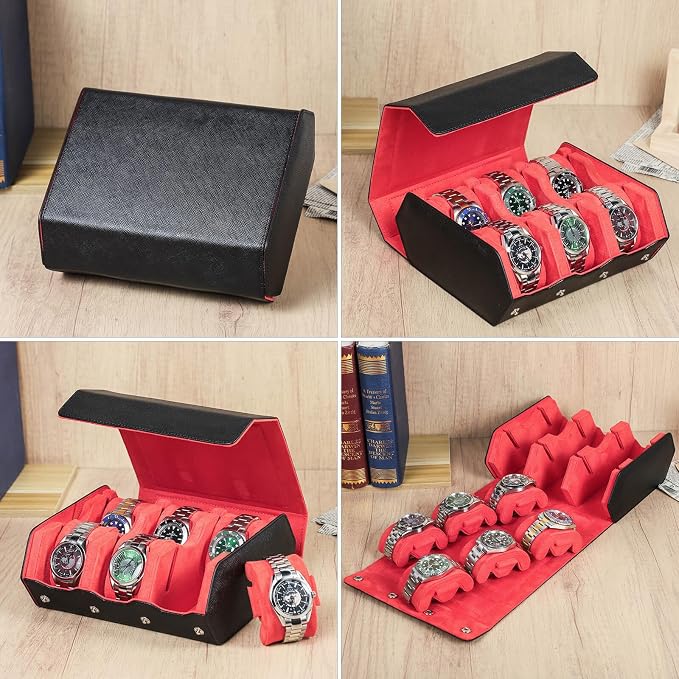 Hiram Genuine Leather Hexagon Watch Roll Travel Case, Leather 6-Watches Roll Case with Removable Pillow Cushion for Treasured Watches and Bracelets -Black Orange - Image 5