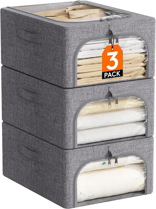Lifewit Clothes Storage Bins with Metal Frame 3 Pack, Fabric Stackable Storage Bags with Lids, Zipper, Foldable Clost Organizers Containers for Clothing, Blanket, Winter Cloth, 25L by Lifewit