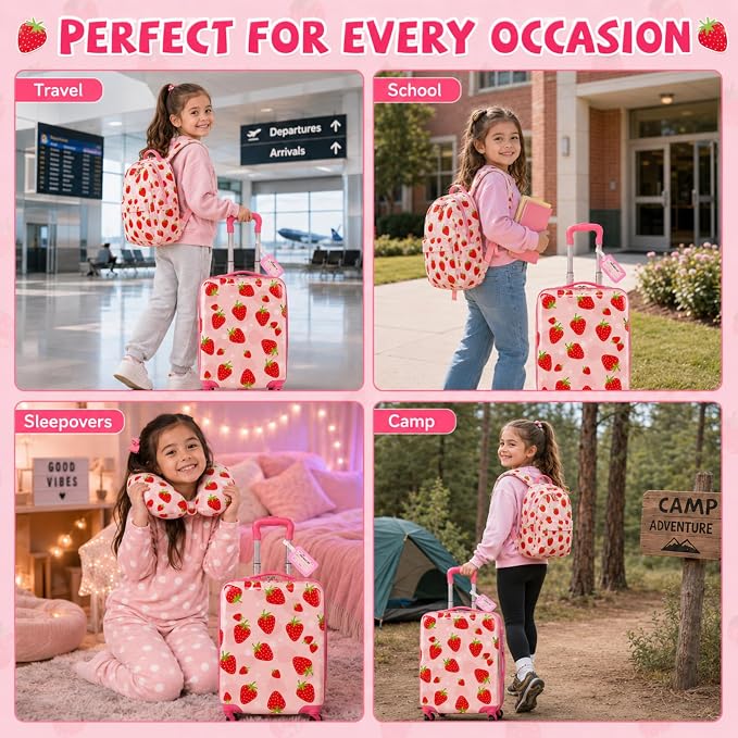 Sanwuta 4 Pcs Kids Luggage Set Back to School Gifts for Girls Boys Carry On Rolling Suitcase Backpack Neck Pillow Travel Set(17 Inch,Strawberry Style,Light Pink) - Image 6