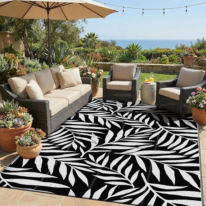 Smiry Outdoor Rug 5x8 ft, Waterproof Reversible Plastic Straw Rugs, Outdoor Area Rug with Leaf Pattern, Outside Floor Mat for Patio, Backyard, Deck, Picnic, Beach, Camping, Black & White by Smiry
