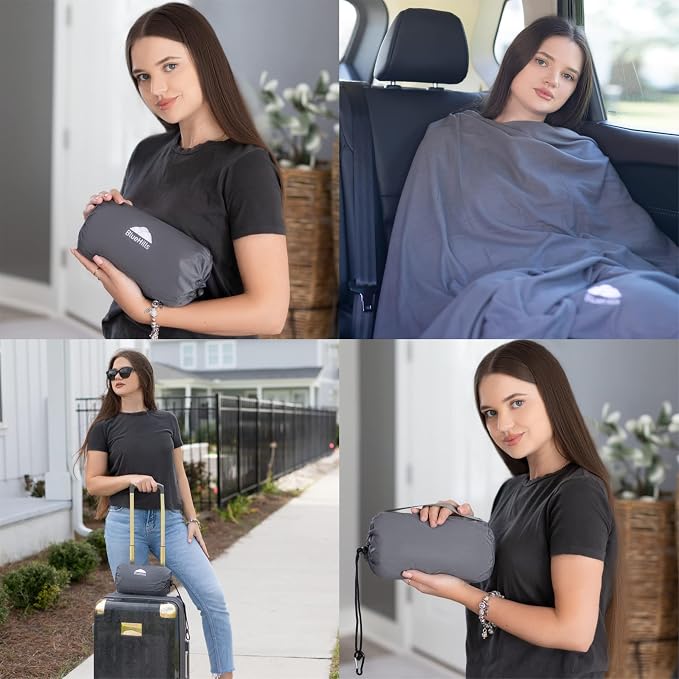 BlueHills 2 Pack Ultra Compact Travel Blanket Pillow Long Flights - Gray | Soft Travel Blanket Set of 2, Luggage Strap & Carabiner, 70X56 Long Flight Pillows, Portable Case/Bag, Lightweight & Compact - Image 3