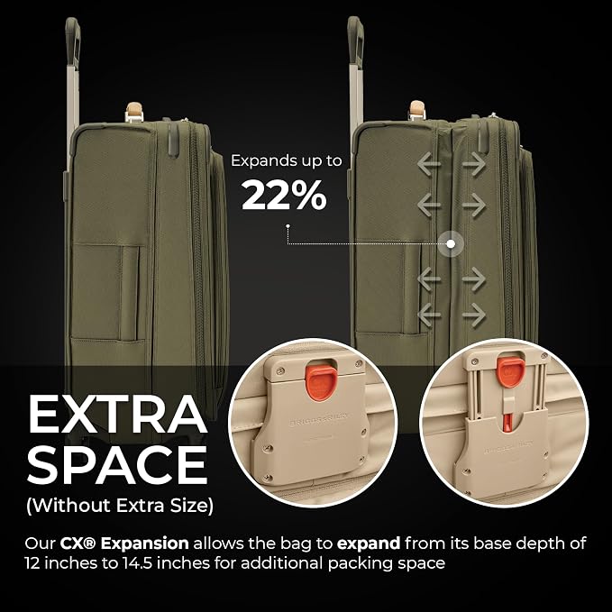 Briggs & Riley 26" Medium Expandable Spinner - Checked Luggage for Travel, Suitcases with Wheels, Softside Rolling Bag for Men & Women, Self-Repairing Zipper - Baseline Collection, Olive - Image 3