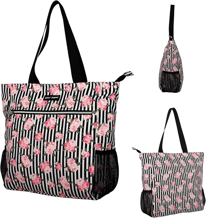 Betsey Johnson 15.6 Inch Zipper Beach Tote Bag Lightweight Large Durable Polyester with Mesh Side Pockets for Gym Work | 15.6 Inch - Image 5