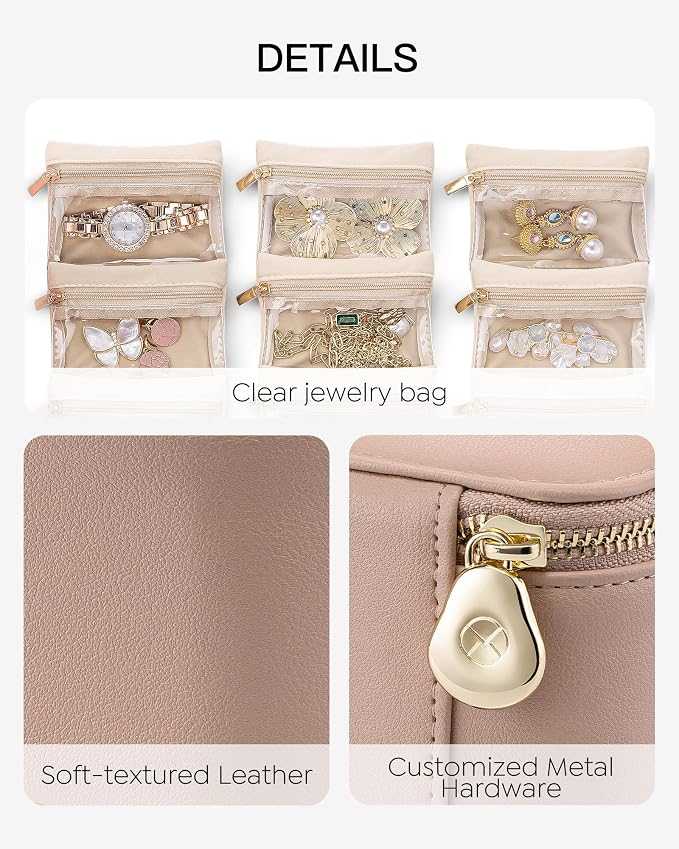 VLANDO Jewelry Travel Case,Travel Jewelry Organizer with Clear Velvet Jewelry Bags 12Pcs Zipper Pouch for Women Wedding Gifts for Friends Sister-Khaki - Image 4