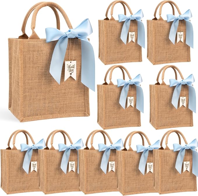 10 Pack Small Burlap Gift Bags with Blue Ribbons for Bachelorette, Bridesmaid, Wedding Welcome Reusable Jute Tote by JollyFayre