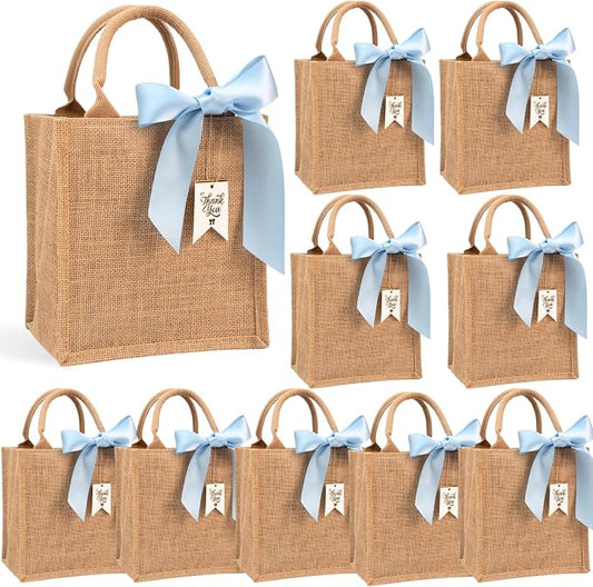 10 Pack Small Burlap Gift Bags with Blue Ribbons for Bachelorette, Bridesmaid, Wedding Welcome Reusable Jute Tote by JollyFayre