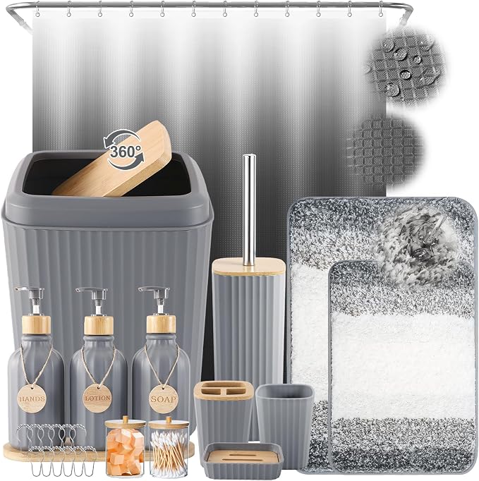32PCS Grey Bathroom Accessories Set with Shower Curtain,Rugs,Trash Can,3PCS Lotion Soap Dispenser, Toothbrush Holder, Soap Dish,Tumbler Cup,6PCS Wood Tags Bath Accessories with Tray for Bathroom by BetterbathroomwithXLHOME