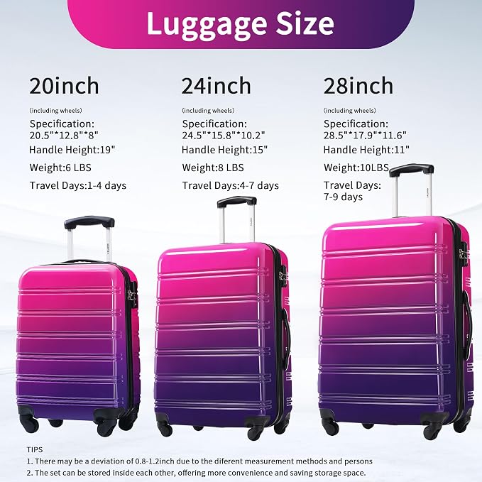 Merax Suitcase Set, Hardshell Luggage Sets 3 Piece with Spinner Wheels | Expandable Gradient Color Suitcase with TSA Lock Lightweight 20" 24" 28", Purple and Pink - Image 2