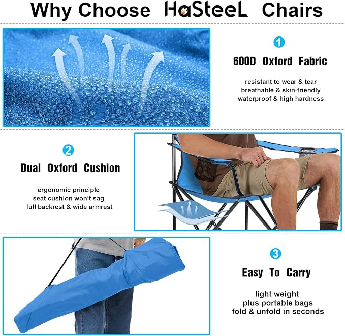 HaSteeL Foldable Camping Chair Set of 2, Folding Camp Chairs & Carrying Bags for Adults, Portable for Lawn, Outdoors, Fishing, Hiking, Travel, Picnic, Beach, Oversized & Supports 275lbs (Blue) - Image 4