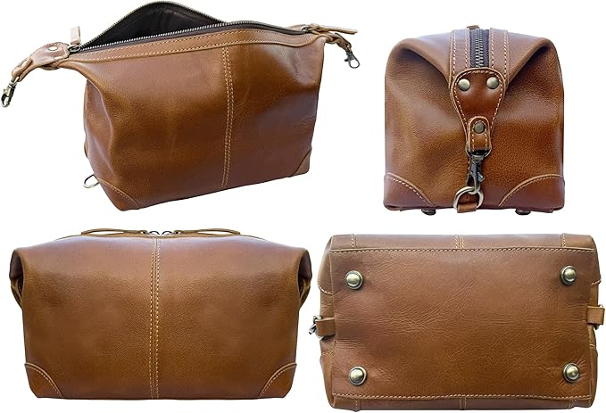 RUSTIC TOWN Full Grain Leather Toiletry Bag for Men & Women – Handcrafted Travel Dopp Kit – Large Water-Resistant Makeup & Shaving Organizer - Image 4