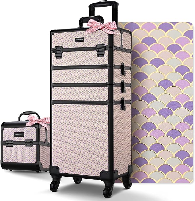 BYOOTIQUE 4in1 Cosmetology Case on Wheels w/Cosmetic Storage Makeup Artist | Aluminum Rolling Makeup Suitcase 360° Detachable Wheel Lockable Makeup Case Organizer w/ Mirror Nail Tech AD Tyrian by BYOOTIQUE