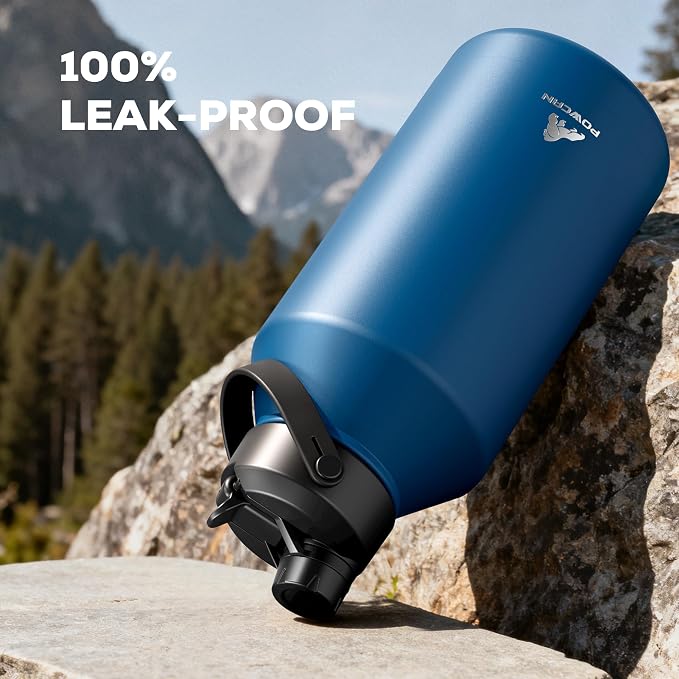 POWCAN 64 oz Insulated Water Bottle with 2-in-1 Straw Spout Lid, Leakproof, Carrier Bag, Shoulder Strap, Keep Cold 48H, Half Gallon Stainless Steel Water Jug for Men, Sports, Camping, Fitness (Indigo) - Image 7