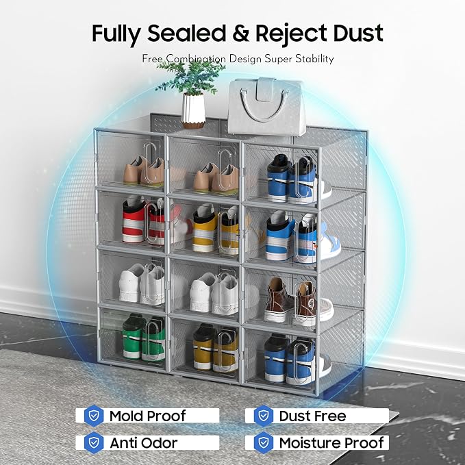 eWonLife Large Shoe Organizer Storage Box with Magnetic Door,12 Pack Clear Plastic Stackable Sneaker Containers for Closet, Connect Left and Right Shoe Box for Entryway, Drop Front, Under Bed (Grey) - Image 8