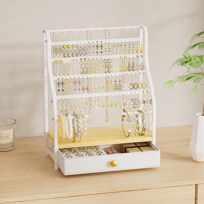 SWTYMIKI Earring Holder Organizer - Jewelry Organizer Stand with Necklace Hooks, Watch Rods, Nonwoven Drawer, Large Capacity Jewelry Display for Stud Earring Bracelet Necklace Ring, White - Image 2