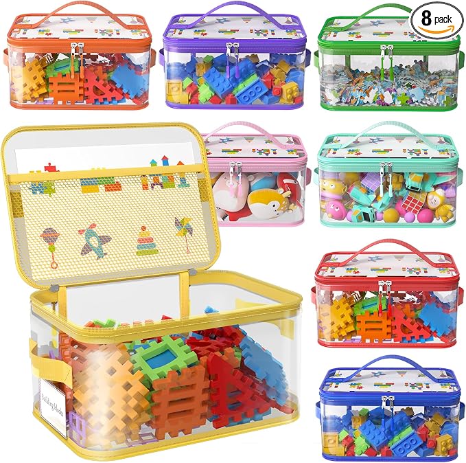 8 Pcs Large Clear Toy Storage Bags with Labels, Handles, Zippers XXL | Large Capacity, Transparent PVC, Waterproof Dustproof, Space-saving, Portability for Building Blocks, Puzzle, Dolls, Travel by Shcsdr