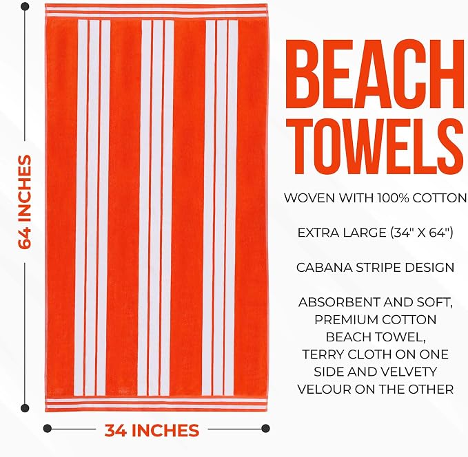 Superior Cotton Cabana Striped Beach Towels, Colorful Towels for Adult, Kid, Pool, Swimming, Sand, Travel, Large Oversized, Absorbent, Fast Drying, Bath Basics, Cabana Collection, 1 Piece, Coral - Image 5