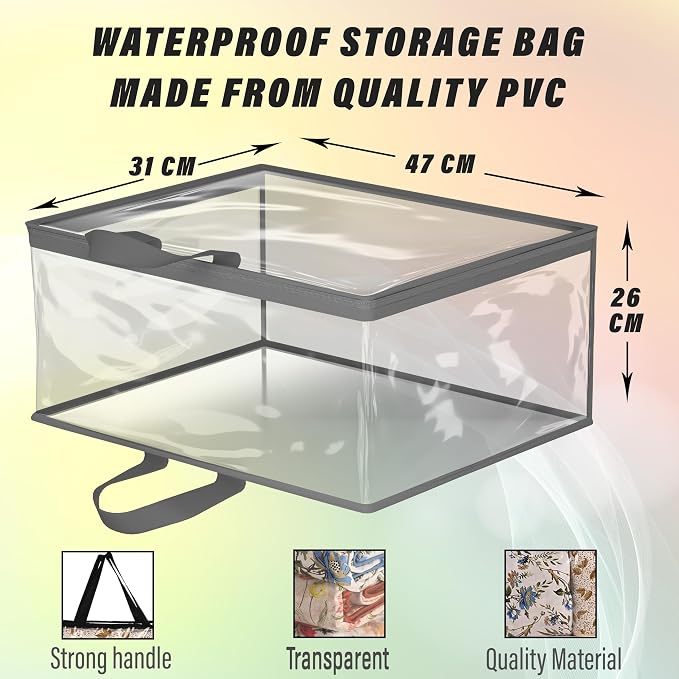 Kuber Industries Waterproof Storage Bag | Multipurpose Bag for Toys, Clothes, Blankets, Bedsheets | Zipper & Handle | Transparent Wardrobe Organizer | Grey - Image 3