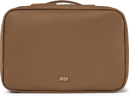 Hanging Toiletry Bag with Hidden Hook, Clear & Leak-Resistant PVC Pocket, Toothbrush Tab, Water-Resistant Nylon and Leather Trims - Travel Essentials Bag, Bathroom Travel Organizer - Light Brown