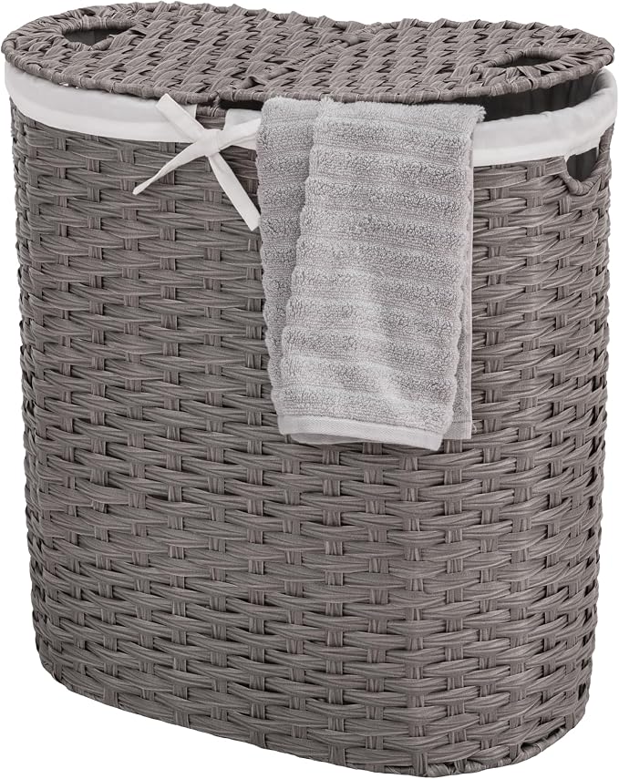 Seville Classics Premium Handwoven Portable Laundry Bin Basket with Carrying Handles, Household Storage for Clothes, Linens, Sheets, Gray, Oval Hamper - Image 8