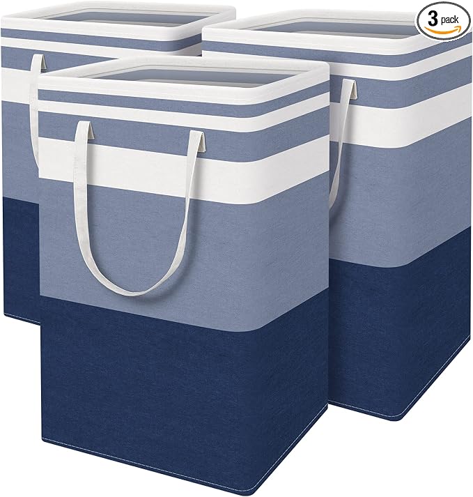 BlissTotes 3-Pack Laundry Basket, Freestanding＆Waterproof Laundry Hamper, Collapsible Tall Clothes Hamper with Easy Carry Handles for Clothes, Towels in the Family and Dorm,Gradient Blue,88L by BlissTotes